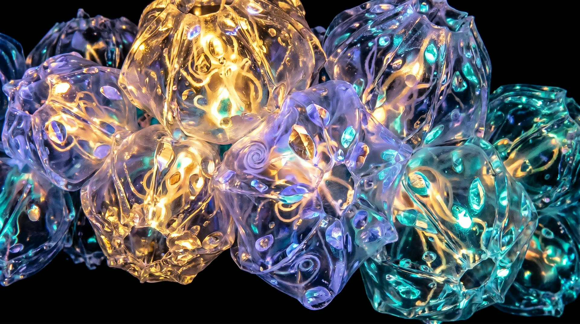 A bioluminescent siphonophore, many specialized glowing bodies living as one organism