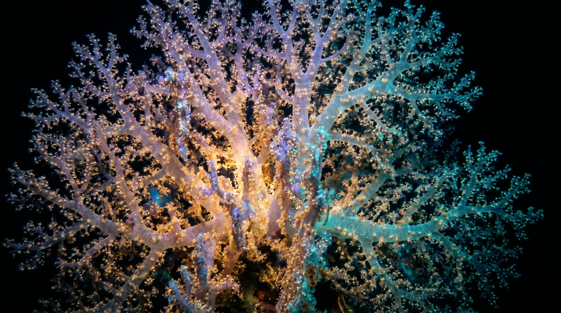 A luminous deep-sea coral colony built from countless tiny polyps